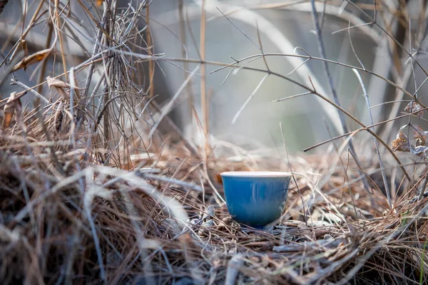 Sebuah Cangkir Biru Untuk Upacara Teh Berdiri Rumput — Stok Foto