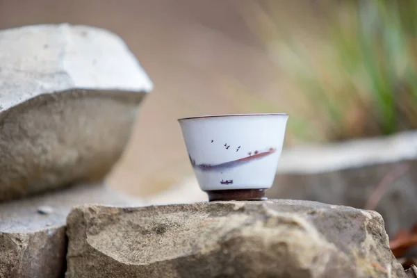 Blue Cup Tea Ceremony Stands Stone Background Stock Image