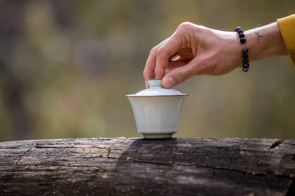 Tangan Memegang Gaiwan Untuk Upacara Minum Teh Atas Piring Stok Gambar Bebas Royalti