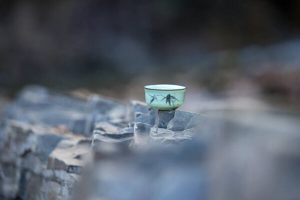 Blue Cup Tea Ceremony Stands Stone Background Blurred Water Royalty Free Stock Photos