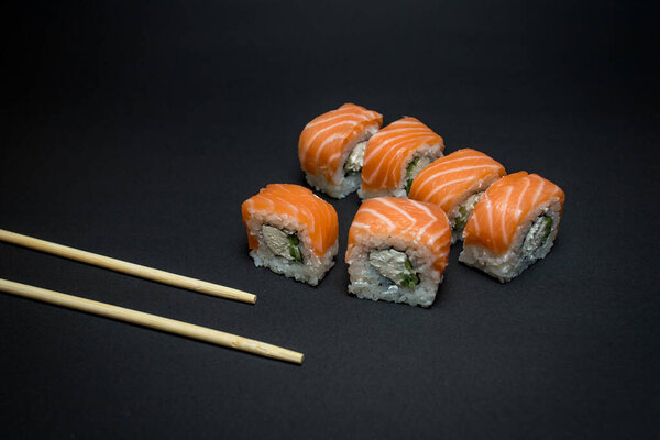 Japanese Cuisine Sushi Black Background Stock Picture
