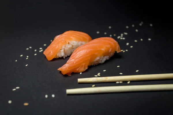 Nigiri Sushi Salmon Black Background Stock Image