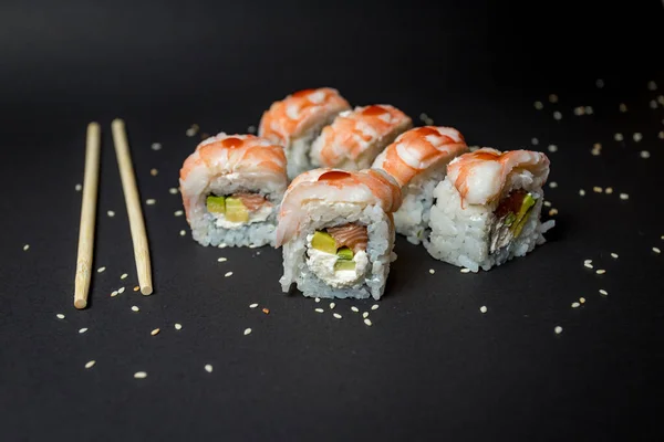 Japanse Keuken Sushi Zwarte Achtergrond Stockfoto