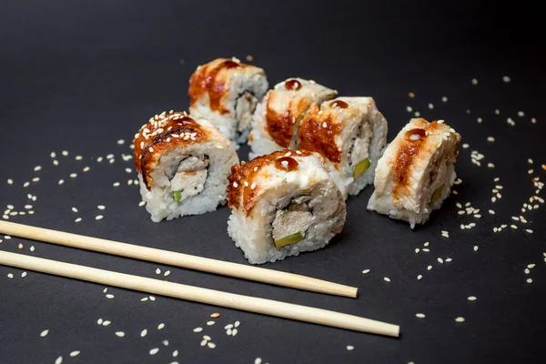 Japán Konyha Sushi Fekete Háttér Stock Fotó