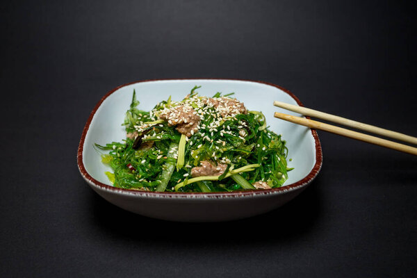 Hiyashi Wakame Seaweed Salad Bowl Black Background Stock Picture