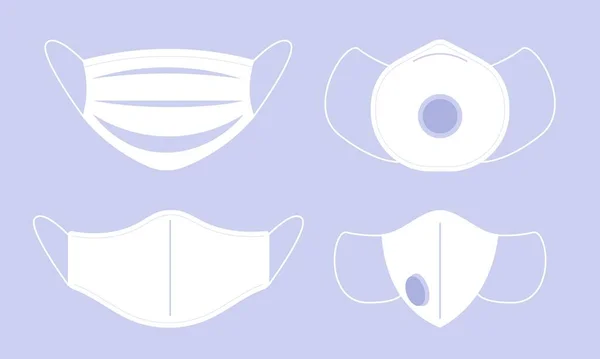 Máscara médica facial. Máscaras respiratorias quirúrgicas del coronavirus. Protección contra la pandemia vector equipo plano — Archivo Imágenes Vectoriales