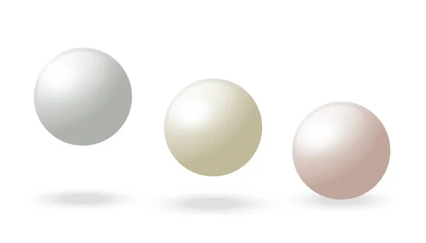 Perlas esféricas de ostra. Esfera blanca 3D. Bola realista vectorial. Círculo perla en blanco con sombra. Plantilla de burbuja aislada de plástico — Vector de stock