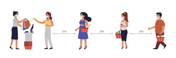 Distance sociale. Des gens qui font la queue à distance. Homme et femme portent un masque médical. Bon shopping. Coronavirus covid-19 prévention — Image vectorielle