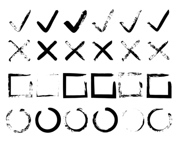 Marca de verificación. Grunge V X marcas de verificación dibujadas a mano. Vector cuadrado y círculo signos de boceto de tinta. — Archivo Imágenes Vectoriales