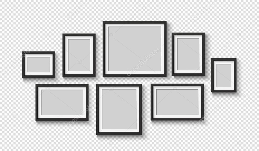 Black blank photo frame set. Vector empty pictures on wall. Square and rectangle art gallery poster