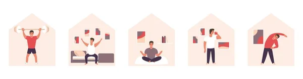 Actividades de cuarentena. Relax yoga sport flat contept. Vector quedarse en casa concepto lockdowd. — Vector de stock