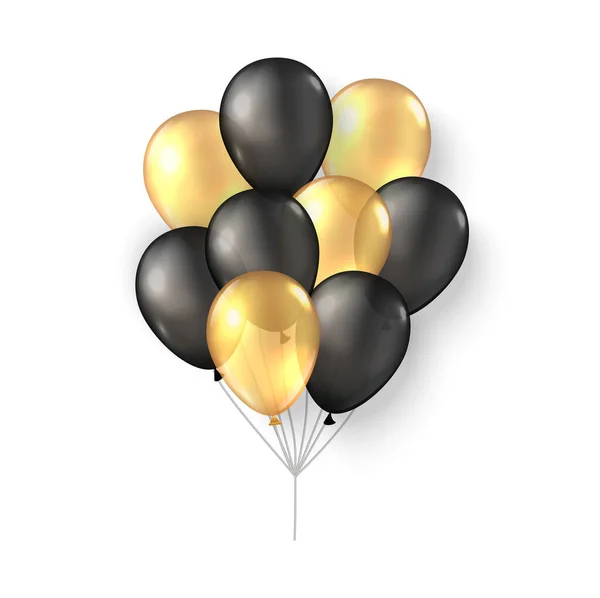 Złote czarne balony. 3d realistyczne szczęśliwe wakacje latające powietrze hel balon makieta. — Wektor stockowy