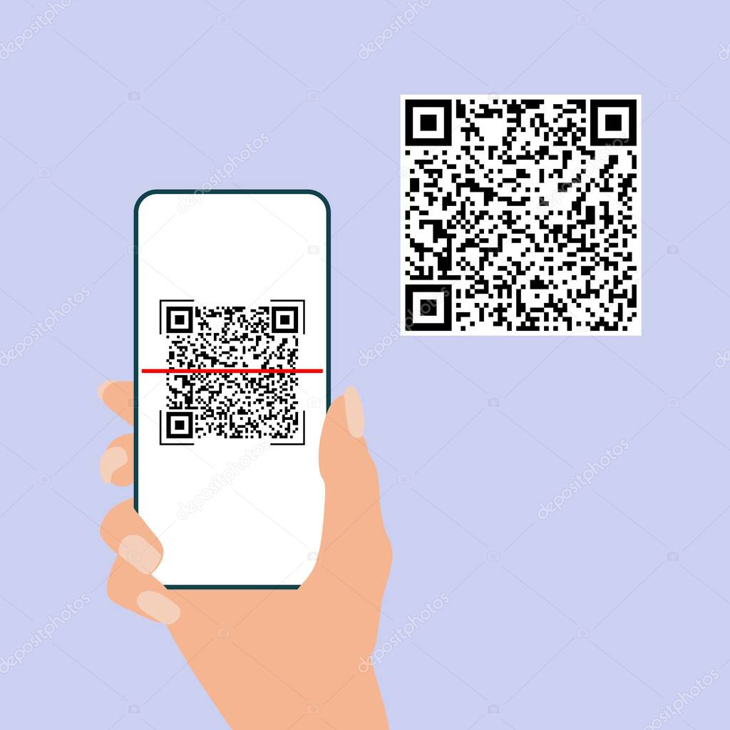 Qr code. Hand hold mobile phone scan qrcode. Camera scanning application.