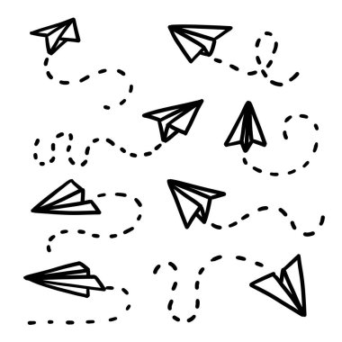 Kağıt uçak karalaması. Basit kağıt uçaklar. Vektör gemi izi. El çizimi illüstrasyon