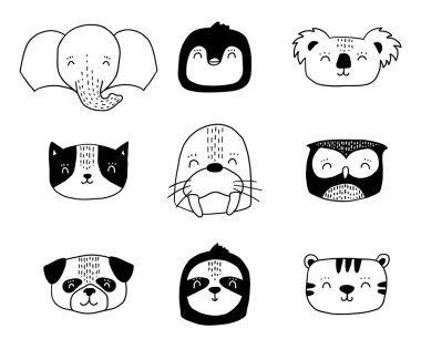 İskandinav hayvanları. İskandinav şirin hayvan seti. Vektör eli çizilmiş panda, komik geyik tilkisi Lama yüzleri