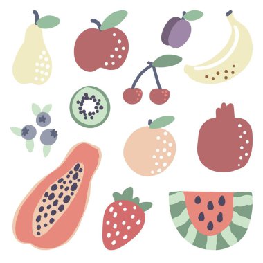 Tropikal meyveler. Papaya karpuz portakallı çilekli yaz yemeği. Vektör vejetaryen muzlu kivi yaban mersini etiketi seti.