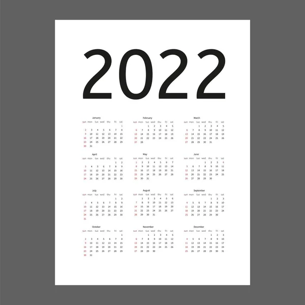 Kalender 2022 år. Veckan börjar på söndag. Vektorkalender — Stock vektor