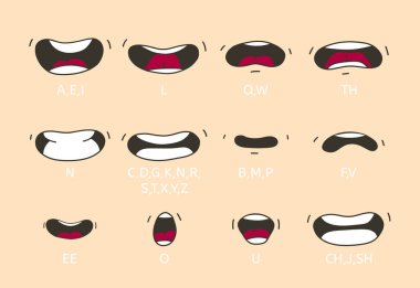 Cartoon talking mouth and lips expressions. Talking mouths lips for cartoon character animation. clipart
