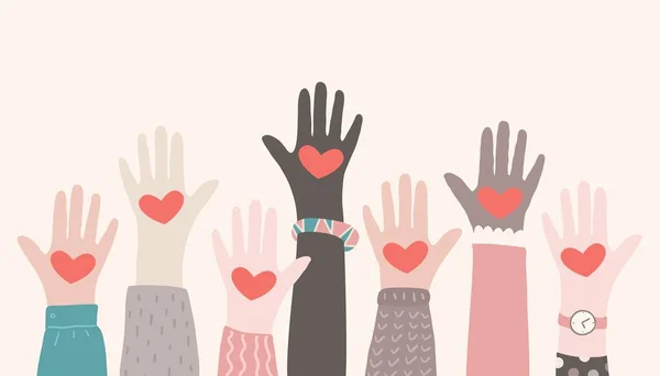 Mãos levantadas a voluntariar-se. Conceito de parceria de caridade. Mãos multirraciais com corações chegando — Vetor de Stock