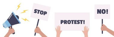 İtiraz ediyorum. Pankart ve pankart taşıyan protestocular. Oy işaretli eylemciler. Vektör illüstrasyonu.