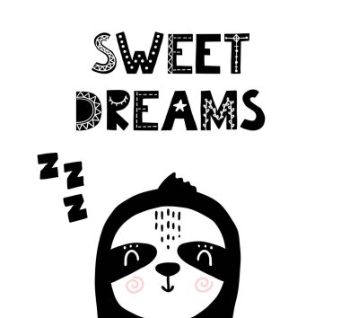 Tatlı rüyalar İskandinav bebek odası posteri. Tembel hayvanlı İskandinav uyku zamanı baskısı. Vektör çocuksu illüstrasyon