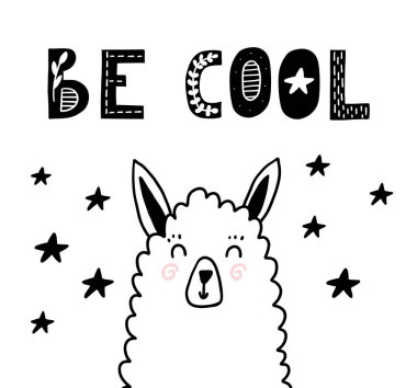 Lama 'lı havalı İskandinav posteri ol. Vektör odası dekorasyonu.