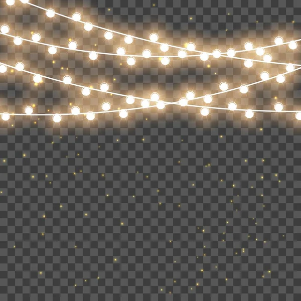 Luces de Navidad. Guirnaldas de Navidad. Luz brillante para el diseño de tarjetas de felicitación navideñas. Guirnaldas, decoraciones bombillas de Navidad. — Vector de stock