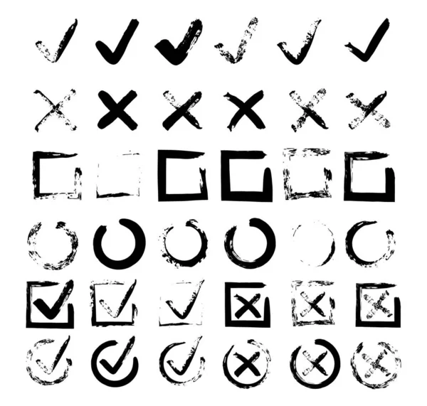 Checkbox. Check signs V X. Chalk and brush checkmarks set. Vector set — Stock Vector