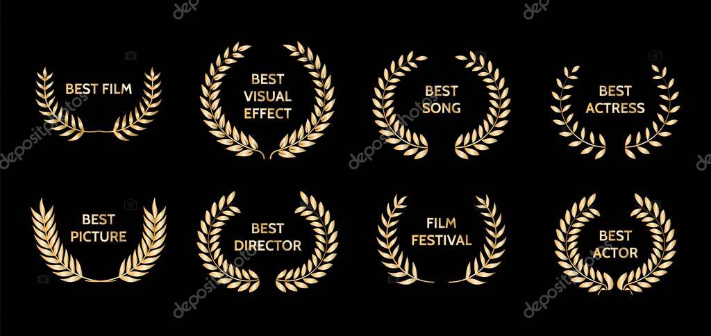 Gold film awards. Golden award wreaths. Vector illustration.