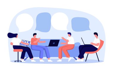 Vektör illüstrasyonu, işçiler koltukta oturuyor, vektör kolektif düşünme ve beyin fırtınası. Evden iş, gemicilik, ecommerce