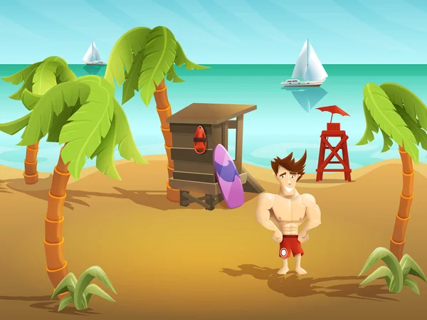 Cartoon strand landschap met badmeester — Stockvector