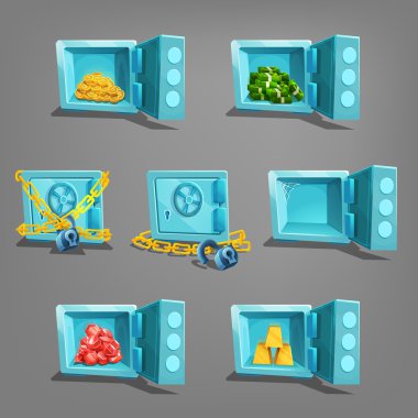 Set of  treasure in metal safes.   clipart