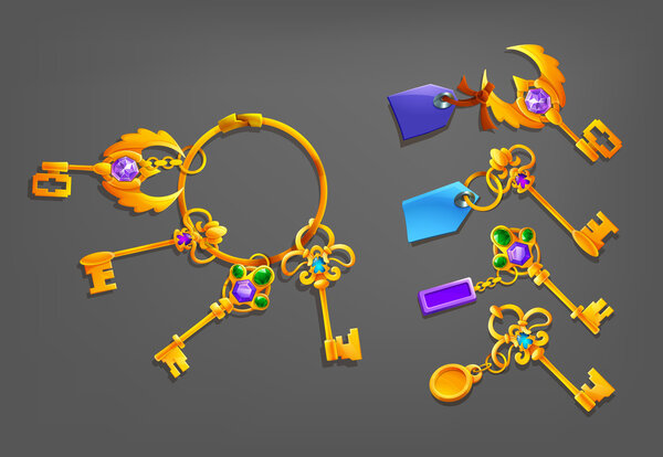 Golden cartoon keys with trinkets. 