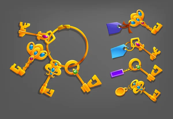 Golden cartoon keys with trinkets. — Stock Vector
