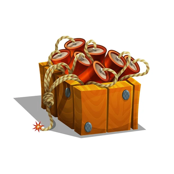 Cartoon dynamiet in houten kist voor games. — Stockvector