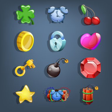 Oyun kullanıcı arabirimi için karikatür Icons set.