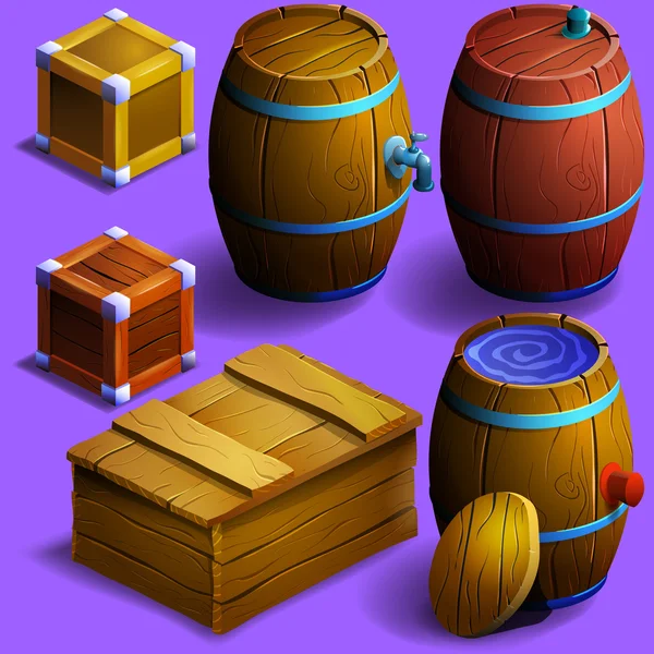 Conjunto de barriles y cajas de madera . — Vector de stock