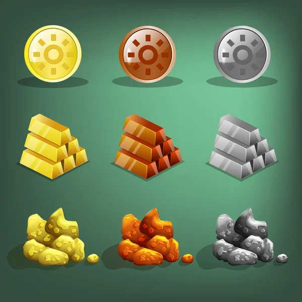 Oyunlar için kaynak simgeler. Altın, gümüş ve bakır.