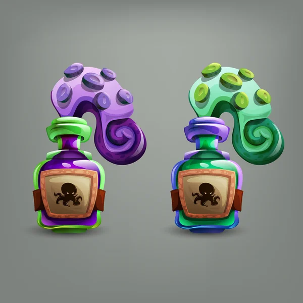 Botellas de dibujos animados con pulpo . — Vector de stock