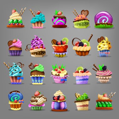 Cupcakes gri arka plan üzerinde kümesi