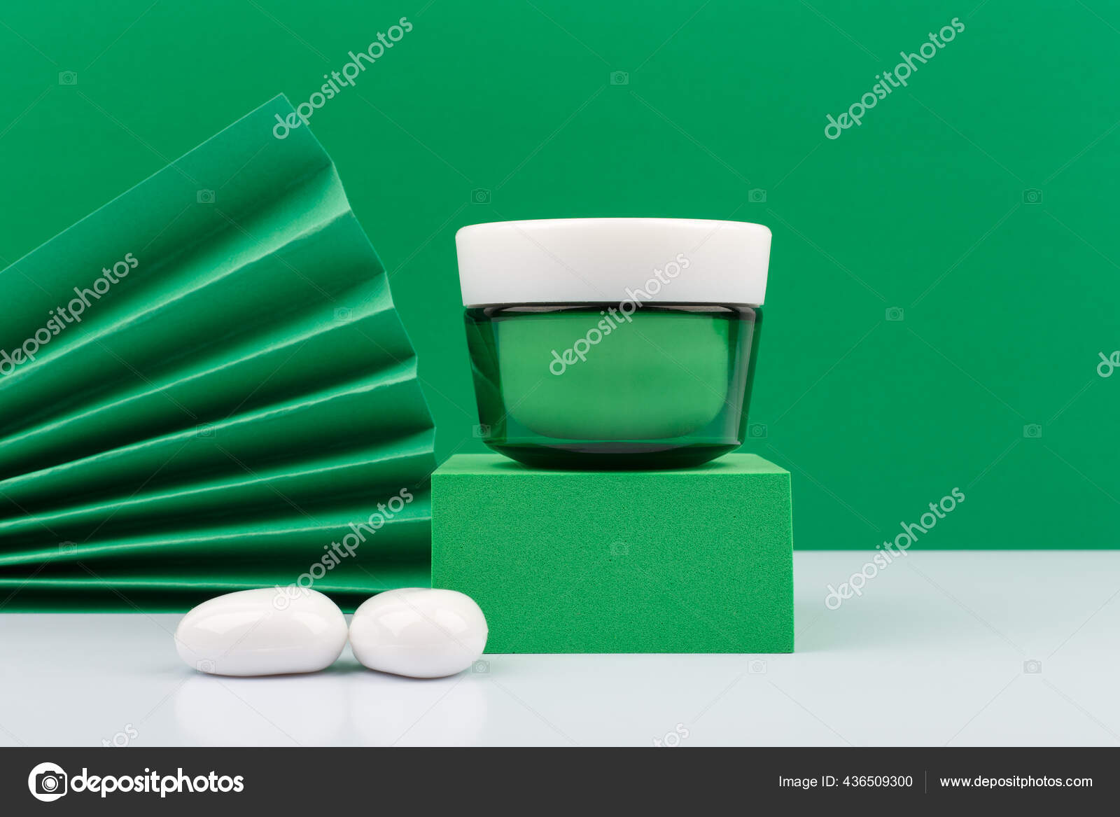 Download Green Cream Jar Against Green Background Organic Cosmetics Concept Stock Photo Image By C Senorina Irina 436509300