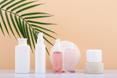 Günlük canlandırma, susuzluk giderme veya yaşlanmayı önleme için bej arka planda palmiye yaprağı ile güzellik ürünleri seti