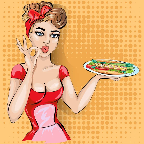 Serveuse pin-up avec plateau dans un café bistro — Image vectorielle