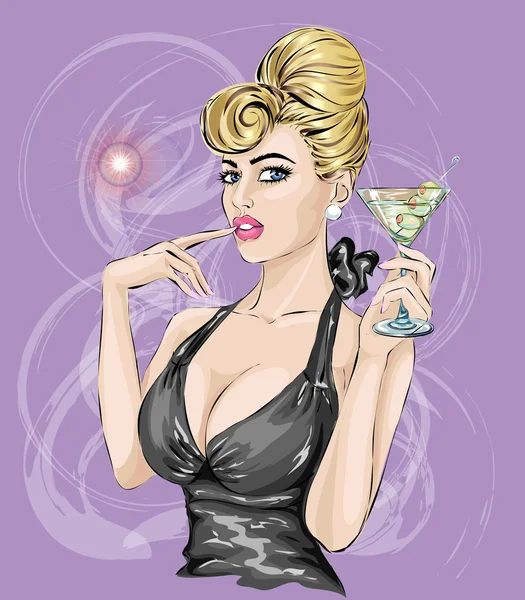 Sexy popart vrouw drinken martini. Pin-up — Stockvector
