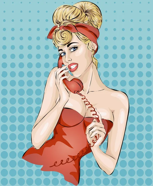 Sexy Pin-up Frau mit Telefon nimmt den Anruf entgegen — Stockvektor