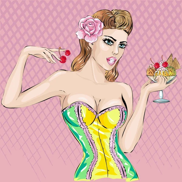 Portrait de femme pop art sexy avec crème glacée — Image vectorielle