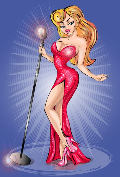 Sexy pin-up girl wearing red dress, singing with microphone — Stock Vector