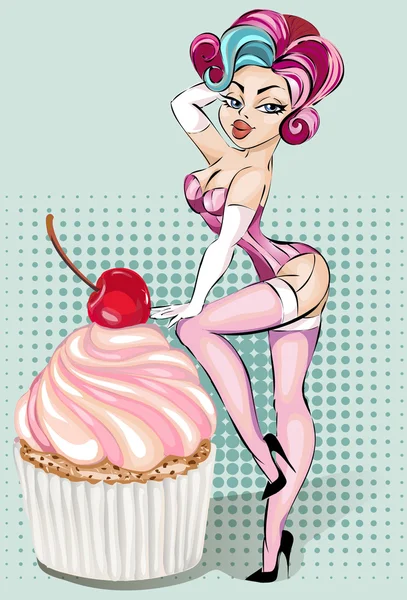 Sexy pin-up girl en lingerie avec cupcake — Image vectorielle