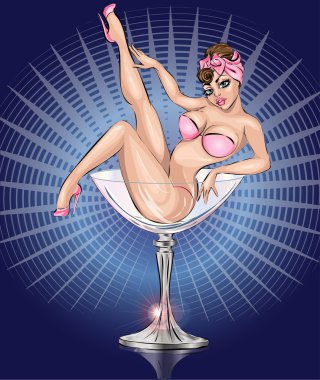 Pembe bikini giyen Martini cam pin Up seksi kız