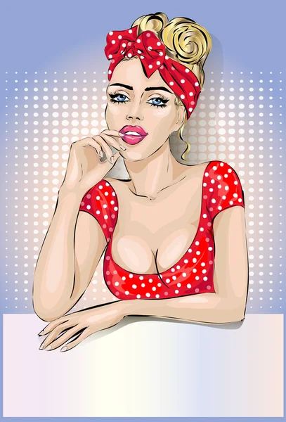 Pin-up dona de casa mulher retrato com tabuleta —  Vetores de Stock